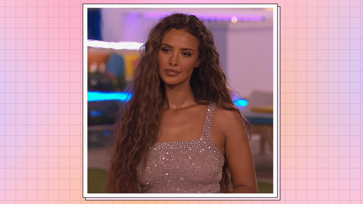  Maya Jama with curly hair and wearing a silver, sparkly co ord in pictured in the Love Island 2023 villa/ in a pink, purple and orange template 