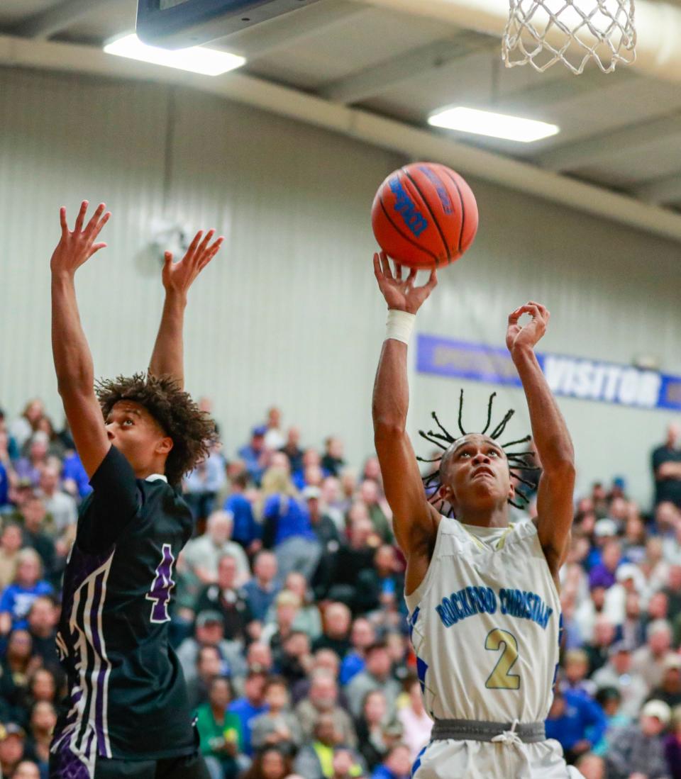 Rockford Christian's Christian Cummings goes up for a layup while scoring 19 points in a win over Lutheran on Thursday, Jan. 26, 2023, at Rockford Christian High School in Rockford.