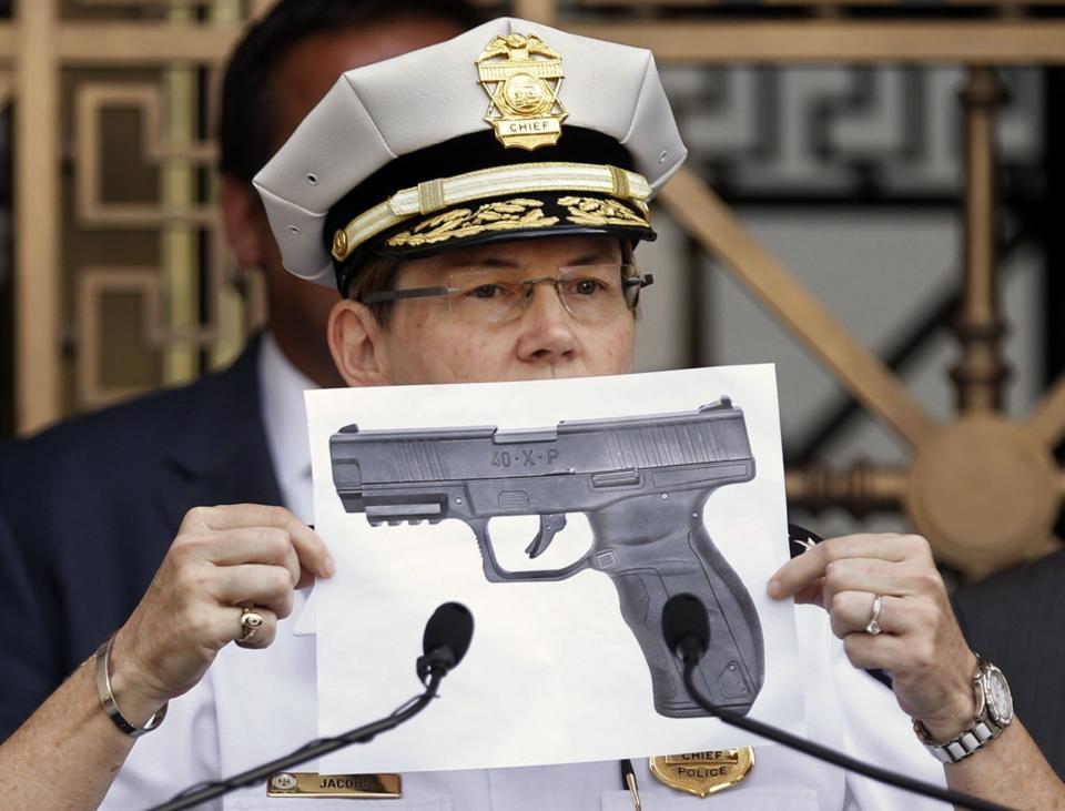 During a press conference on Sept. 15, 2016 at City Hall, then-Columbus Police Chief Kim Jacobs holds a photo of the kind of BB gun used by 13-year-old Tyree King, who was shot multiple times by officer Bryan Mason.