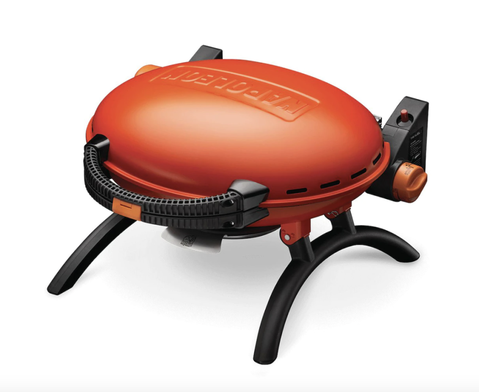 Napoleon TravelQ 1165 Portable Propane Gas Grill in orange on white background, mini portable bbq in orange (Photo via The Home Depot)