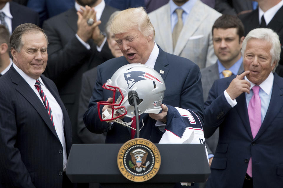 President Donald Trump welcomed Bill Belichick (left), Robert Kraft and the New England Patriots to the White House after their victory in Super Bowl LI. (AP Photo/Andrew Harnik, File)