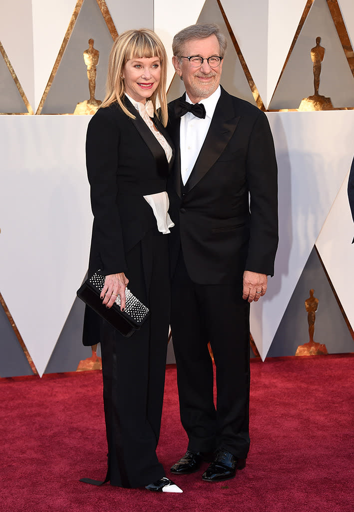 Kate Capshaw and Steven Spielberg attend the 88th Annual Academy Awards at the Dolby Theatre on February 28, 2016, in Hollywood, California.