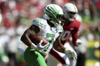 Oregons' CJ Verdell runs against Stanford during the first half of an NCAA college football game in Stanford, Calif., Saturday, Oct. 2, 2021. (AP Photo/Jed Jacobsohn)