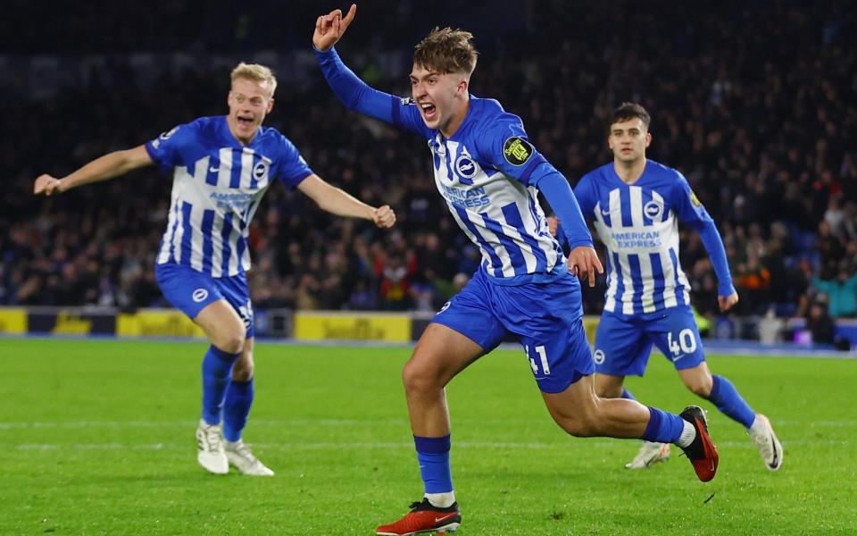 Jack Hinshelwood celebrates scoring Brighton's winner against Brentford