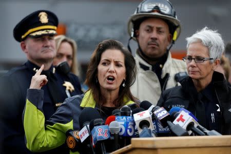 FILE PHOTO - Oakland Mayor Libby Schaaf speaks to members of the media at the scene of a fatal warehouse fire in the Fruitvale district of Oakland, California, U.S. on December 5, 2016. REUTERS/Stephen Lam/File Photo