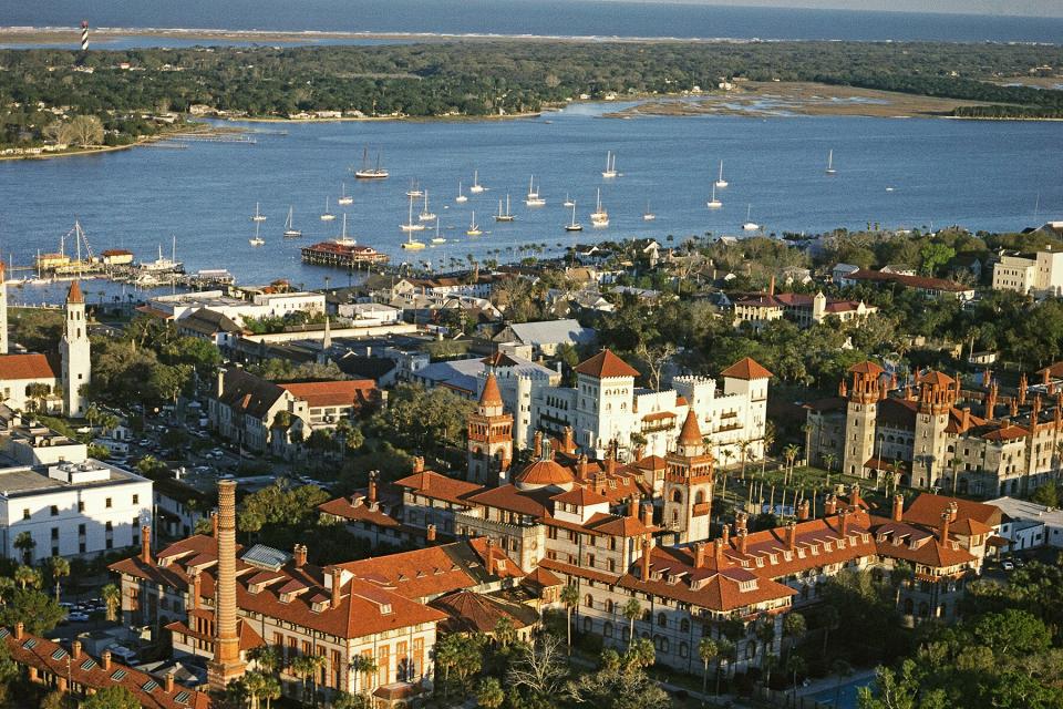 Tile roofs and towers of buildings suggest St. Augustine's Spanish heritage.