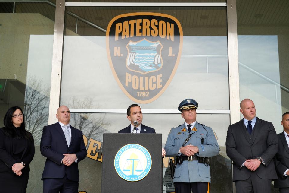 NJ Attorney General Matthew J. Platkin announces on the steps of Paterson Police Department that the Attorney Generals office is taking control of the department in Paterson, NJ on Monday March 27, 2023. 