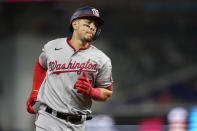 Washington Nationals' Joey Meneses runs the bases after hitting a solo home run during the first inning of a baseball game against the Miami Marlins, Saturday, Sept. 24, 2022, in Miami. (AP Photo/Lynne Sladky)