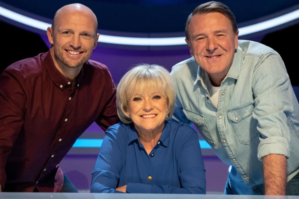 A Question of Sport host Sue Barker with Matt Dawson and Phil Tufnell (PA)