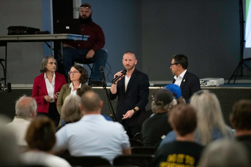 Pueblo County Commissioner Zach Swearingen, center, introduces fellow Commissioners Daneya Esgar left, and Eppie Griego to start a town hall meeting regarding the future of nuclear energy in Pueblo on Wednesday, March 27, 2024.