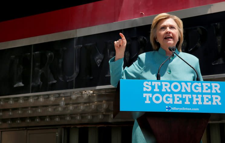 Hillary Clinton delivers a campaign speech outside the shuttered Trump Plaza in Atlantic City, N.J. (Photo: Brian Snyder/Reuters)