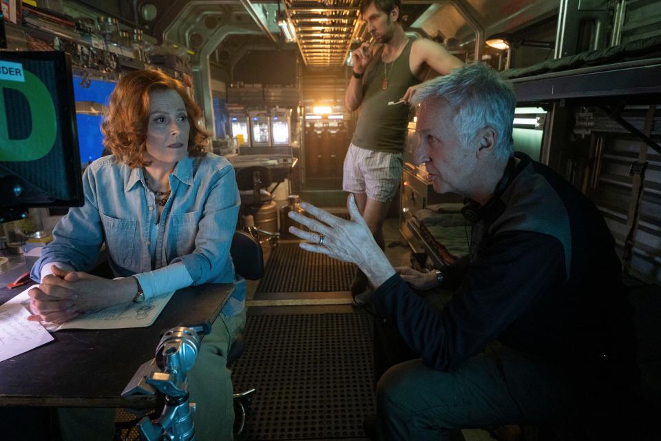 Sigourney Weaver, left, and director James Cameron on the set of "Avatar 2."