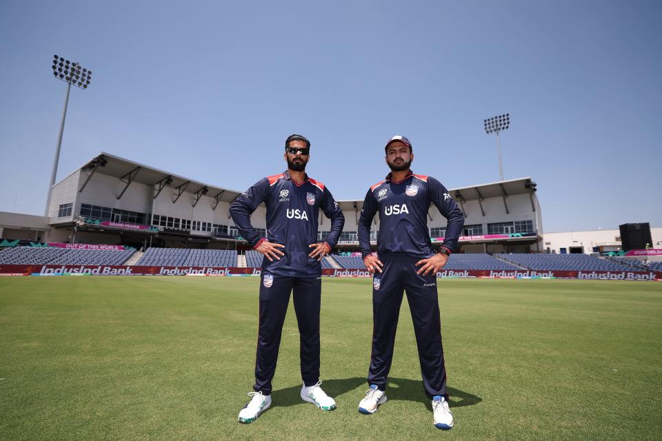 Ali Khan and Monank Patel of the U.S. Cricket Team pose prior to the ICC Men's T20 Cricket World Cup West Indies & USA 2024 match between USA and Canada at Grand Prairie Cricket Stadium on May 29, 2024 in Dallas, Texas.