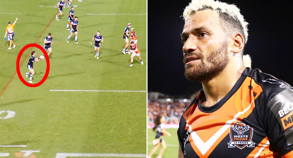 Pictured left is Nicho Hynes and Wests Tigers captain Api Koroisau on the right.