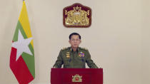 In this image taken from video posted in Tatmadaw True Information Team Facebook page, State Administrative Council Chairman and Commander-in-Chief Senior Gen. Min Aung Hlaing makes a televised statement Thursday, Feb. 11, 2021, in Naypyitaw, Myanmar. The hopes of building a robust democracy in Myanmar were shattered when the powerful military toppled the elected government of Aung San Suu Kyi and her National League for Democracy party in Feb. 1 coup. (Tatmadaw True Information Team Facebook page via AP)