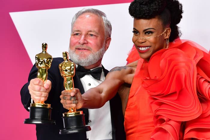 Jay Hart and Hannah Beachler at the Academy Awards after winning Best Production Design