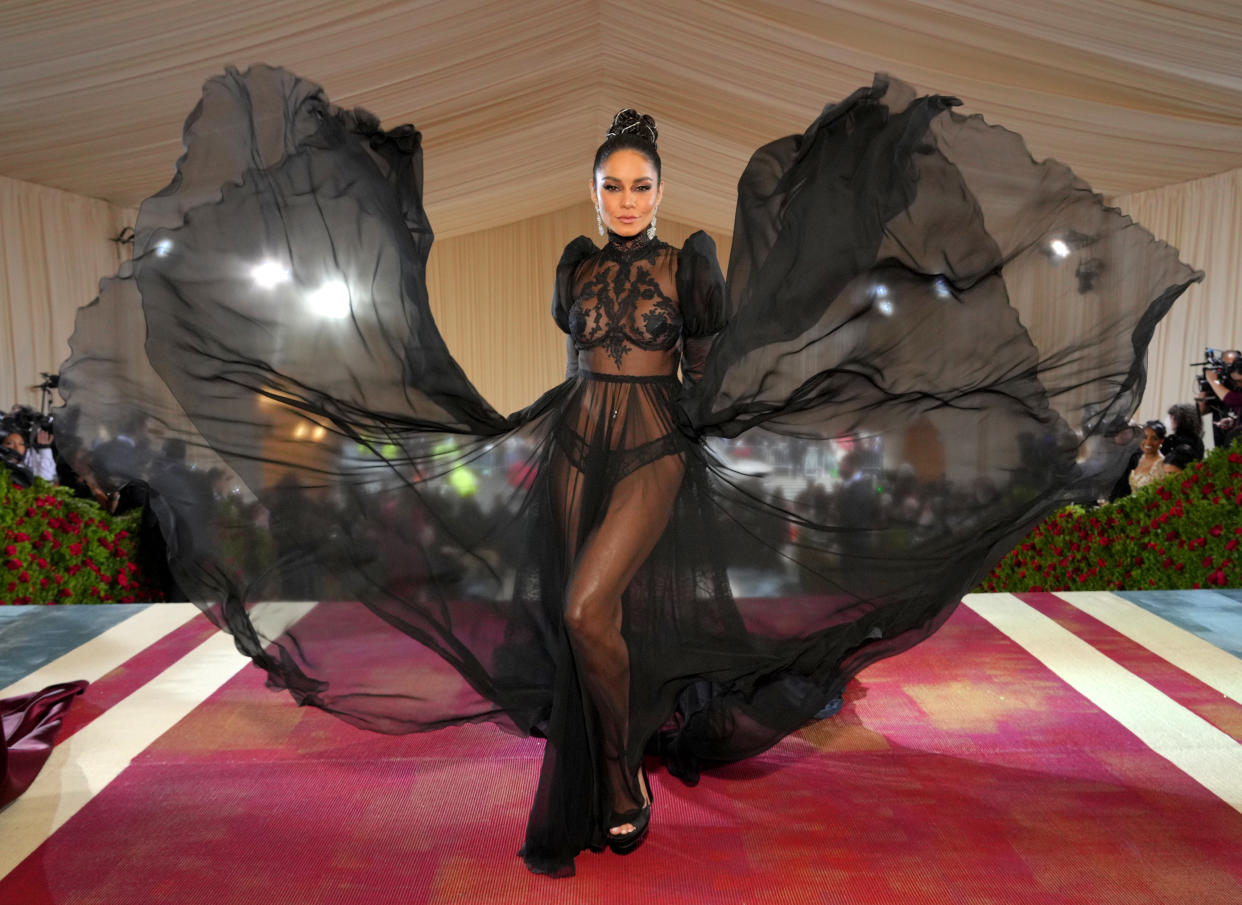 Vanessa Hudgens arrives at The 2022 Met Gala wearing a sheer Moschino gown. (Photo: Getty Images)