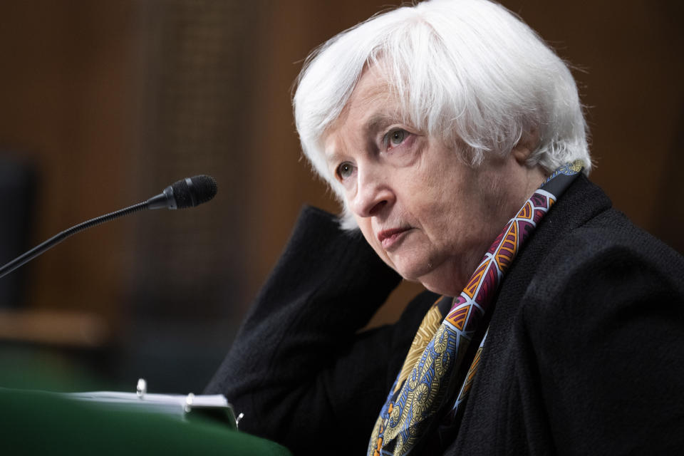 Treasury Secretary Janet Yellen testifies before the Senate Banking, Housing, and Urban Affairs Committee hearing, Tuesday, May 10, 2022, on Capitol Hill in Washington. (Tom Williams/Pool via AP)