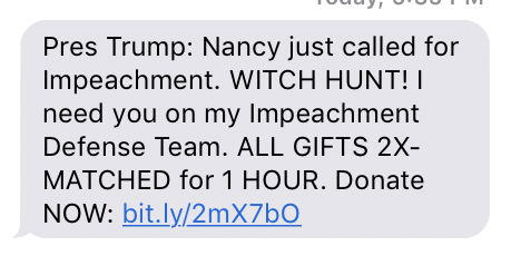 Twitter user Brittany Shepherd tweeted photo from Trump campaign which is using impeachment inquiry to fundraise. Credit: Brittany Shepherd/Twitter