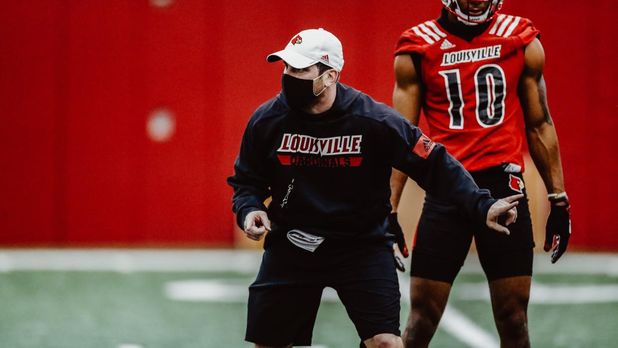 Greg Gasparato in action while coaching Louisville. He came with Scott Satterfield to Cincinnati, then left for Troy in Feb. 2023.
