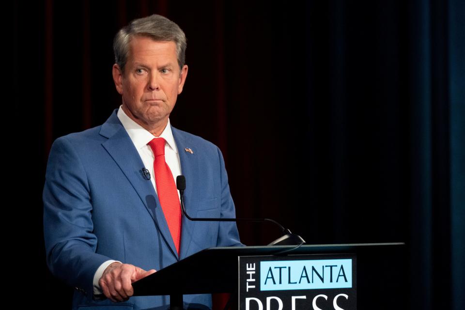 Georgia Republican Gov. Brian Kemp looks on during the Atlanta Press Club Loudermilk-Young Debate Series in Atlanta, Monday, Oct. 17, 2022.