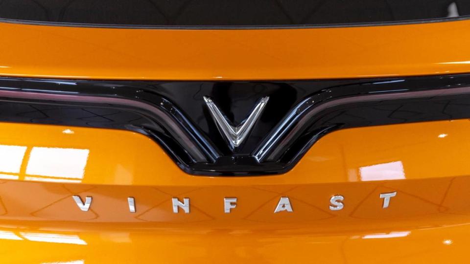 A detail view of a VinFast electric car at the new Leith VinFast dealership in Cary Thursday, Dec. 28, 2023. The Vietnamese automaker announced in March 2022 that it would open an electric vehicle assembly plant in North Carolina.