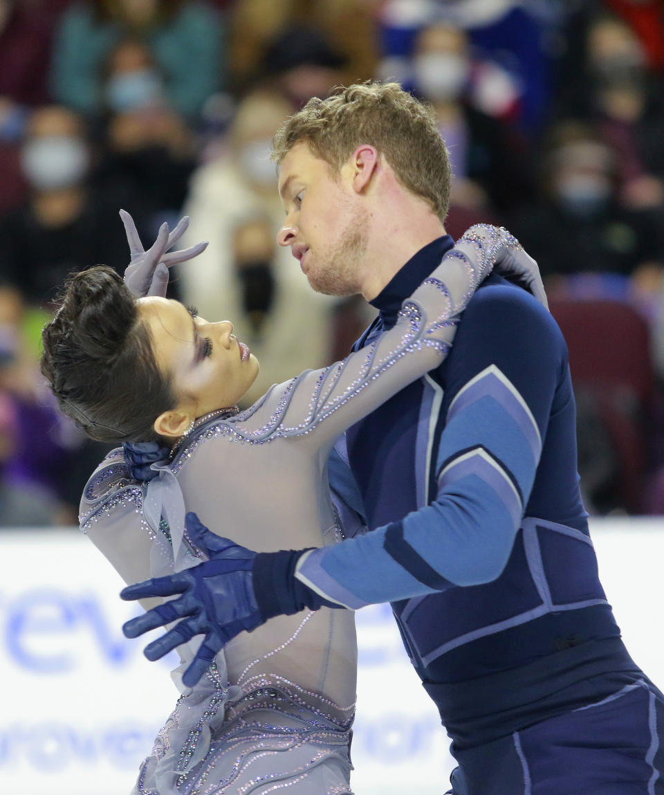 Madison Chock and Evan Bates perform in the free dance at the Skate America figure skating event Sunday, Oct. 24, 2021, in Las Vegas. (AP Photo/Ronda Churchill)