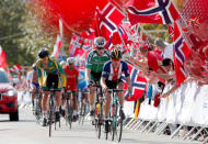 Cycling - UCI Road World Championships - Men Elite Road Race - Bergen, Norway - September 24, 2017 – Alexey Vermeulen of the U.S., Conor Dunne of Ireland and Willem Jakobus Smit of South Africa compete. NTB Scanpix/Cornelius Poppe via REUTERS