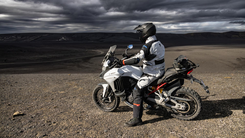 A motorcyclist participating in the Dainese Expedition Masters Iceland tour.