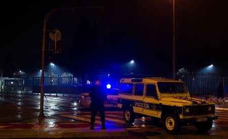 Police guard the entrance to the United States embassy building in Podgorica, Montenegro, February 22, 2018. REUTERS/Stevo Vasiljevic