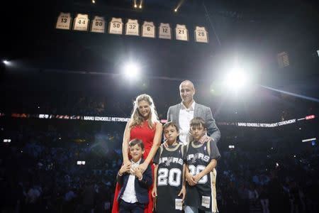 Mar 28, 2019; San Antonio, TX, USA; San Antonio Spurs former player Manu Ginobili poses for a photo with his family after his jersey retirement ceremony at AT&T Center after a game between the Cleveland Cavaliers and San Antonio Spurs. Mandatory Credit: Soobum Im-USA TODAY Sports