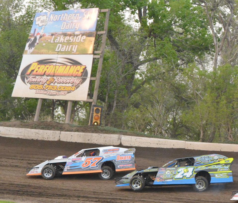 Modified drivers Mike Stearns of Hecla (24S) and Duke Erickson of Sioux Falls (57) drove two of the 76 cars that competed in the Big Shots Fireworks Independence Day Shootout at Casino Speedway on Sunday, July 2, 2023. Stearns captured his first modified feature win of the season.