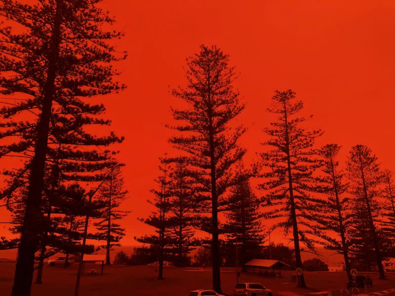 Pictured is a bright red sky during bushfires over the weekend. Source: Reddit