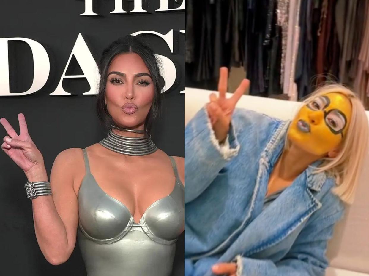 left: kim kardashian at the kardashians premiere, wearing a bodycon silver dress, pursing her lips, and throwing up a peace sign; right: kim kardashian in a denim jacket with full minions-like makeup on her face, pursing her lips and throwing up a peace sign