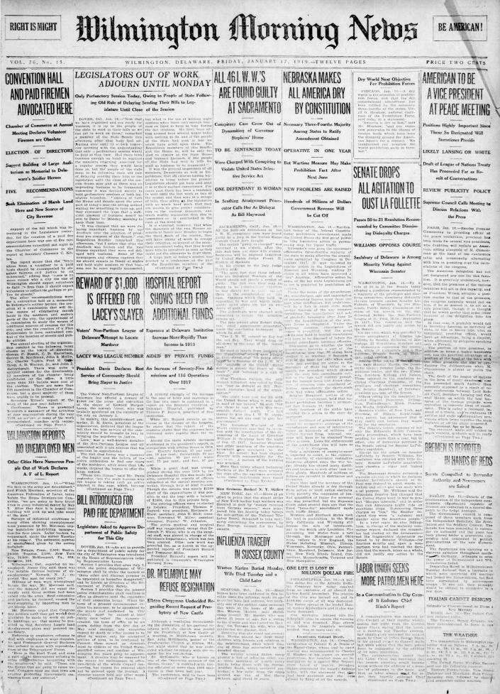 Front page of the Wilmington Morning News from Jan. 17, 1919.