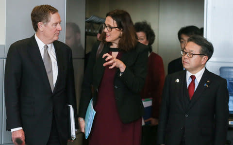  European Commissioner for Trade Cecilia Malmstrom (C) speaks with US trade representative Robert Lighthizer (L) as they arrive with Japan's Economy Minister Hiroshige Seko - Credit: AFP