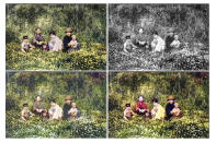 This photo combination shows digital colorization process by Anju Niwata and Hidenori Watanave, left, and original black and white image that Hiroshima resident Hisashi Takahashi and his parents, grandmother and younger brother pose for a photograph in a flower bed of dandelions. The photo was taken around 1935. The original black and white photo is at top right. The second photo, bottom right, shows the colors after AI automatic colorization. The authors initially determined that the flowers in the foreground were white clovers, and adjusted colors of the flower bed accordingly in the third photo, bottom left. After interviewing the photo owner Takahashi, the flowers were found to be dandelions instead of white clovers, and was recolored yellow at top left. Niwata and Watanave call the process “rebooting memories,” whereby colorized photographs revives memories that may otherwise be lost. (Hisashi Takahashi/Anju Niwata & Hidenori Watanave via AP)
