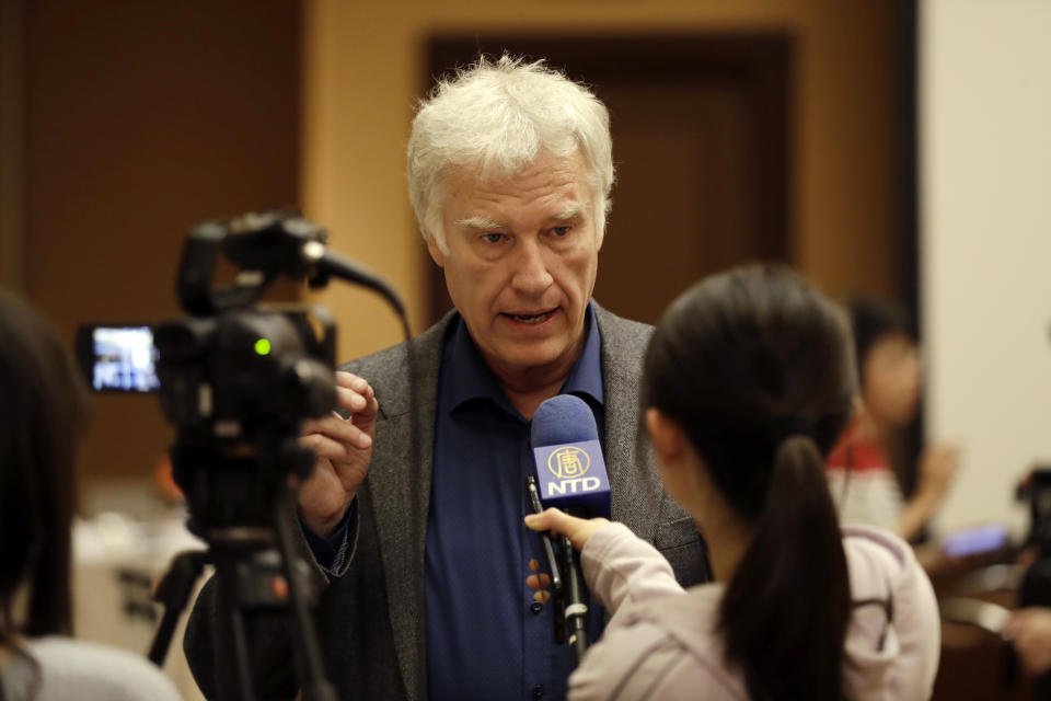 In this Friday, May 24, 2019, photo, former Associated Press Southeast Asia photo editor Jeff Widener speaks during an interview in Alhambra, Calif. Widener who shot the iconic image of a man standing in front of tanks at the 1989 Tiananmen protests says it’s time for the Chinese government to come clean about the bloody events of 30 years ago. (AP Photo/Marcio Jose Sanchez)