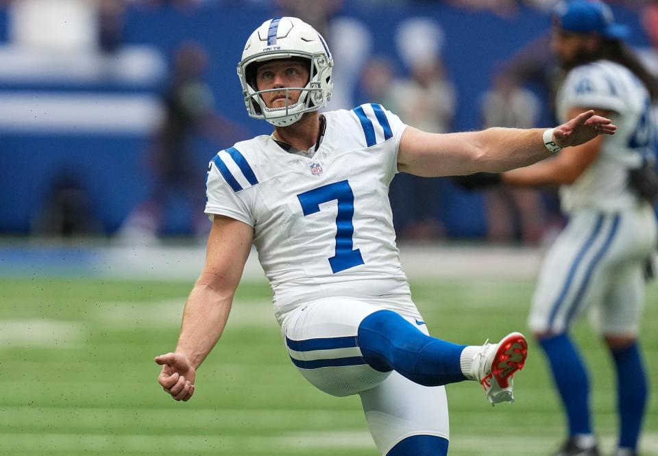 Indianapolis Colts place kicker Matt Gay (7) warms up before facing the Chicago Bears in an NFL preseason game Saturday, Aug. 19, 2023, at Lucas Oil Stadium in Indianapolis.