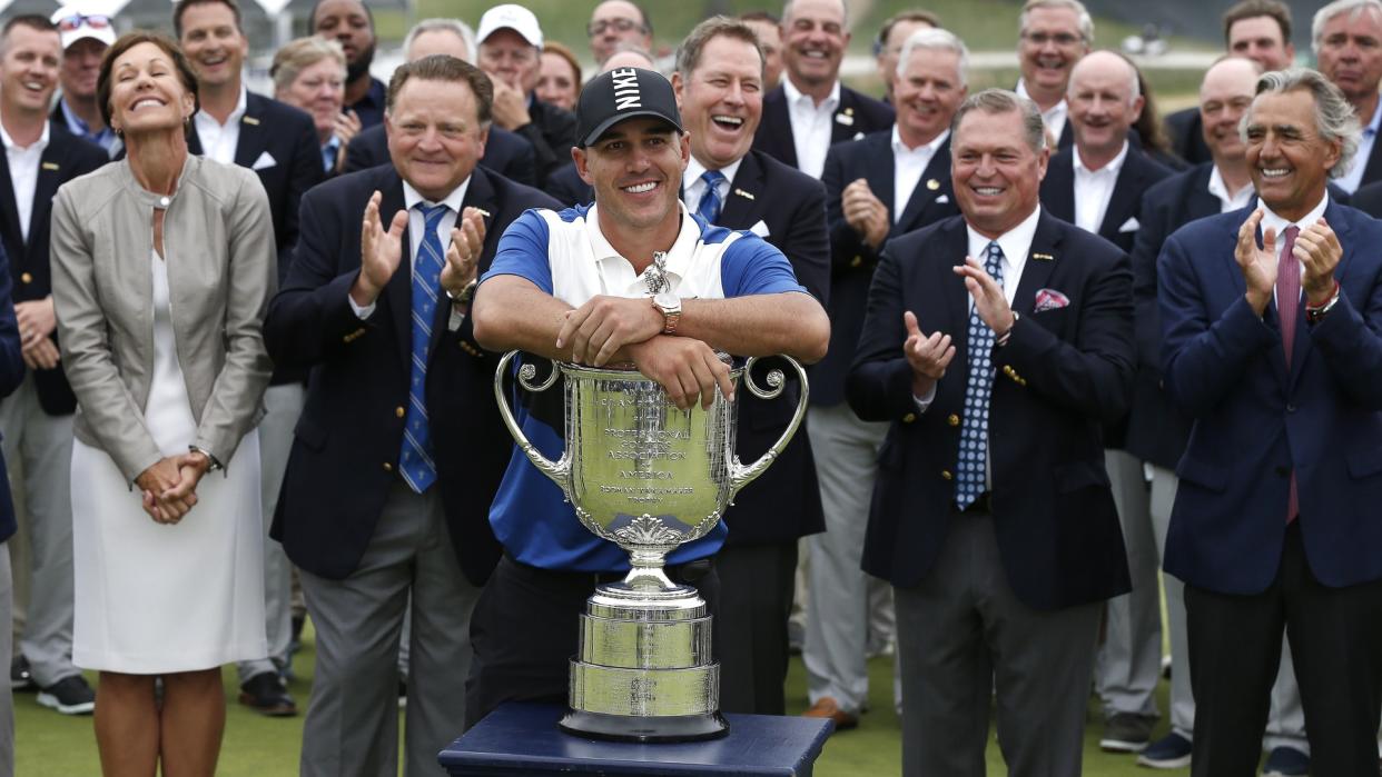 Mandatory Credit: Photo by JUSTIN LANE/EPA-EFE/Shutterstock (10241119dh)Brooks Koepka of the US holds the Wanamaker Trophy after winning the 2019 PGA Championship at Bethpage Black in Farmingdale, New York, USA, 19 May 2019.