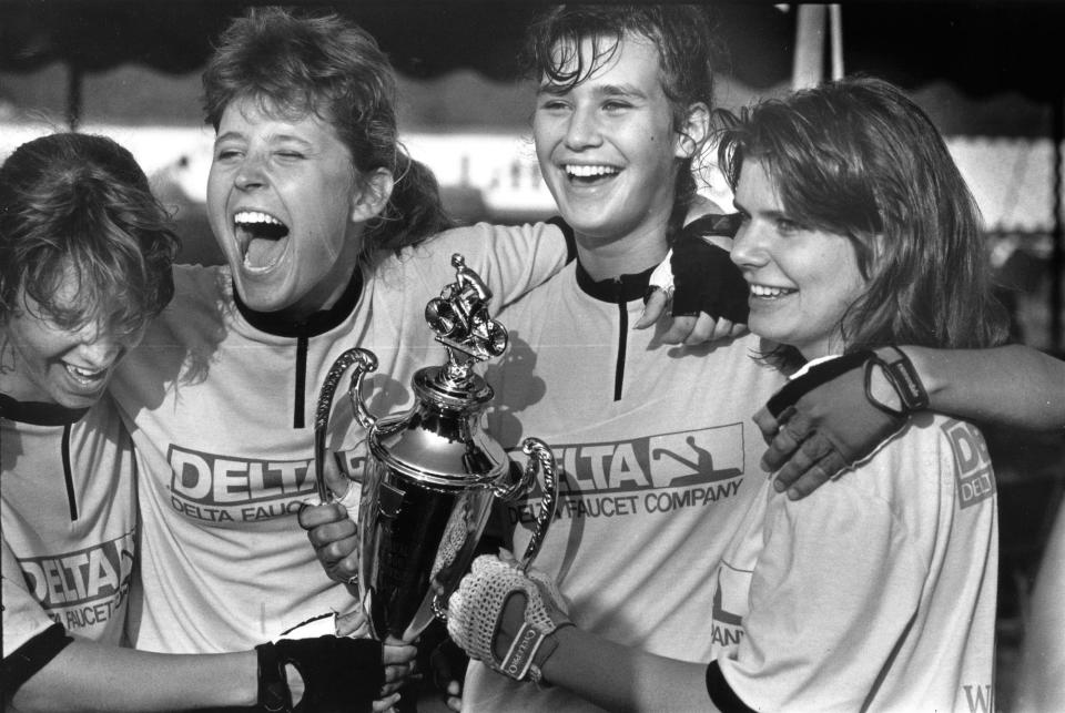Winners of the first Women's Little 500 bicycle race at IU celebrate their victory (from left) Kirsten Swanson, Amy Tucker, Kerry Hellmuth  and Louise Elder on April 22, 1988. The Willkie Sprinters won the race before a crowd of more than 15,000.