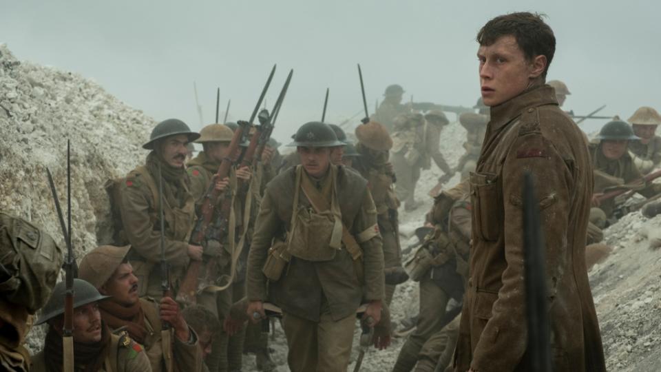 Schofield (George MacKay, foreground) with fellow soldiers in "1917," the new epic from Oscar®-winning filmmaker Sam Mendes.