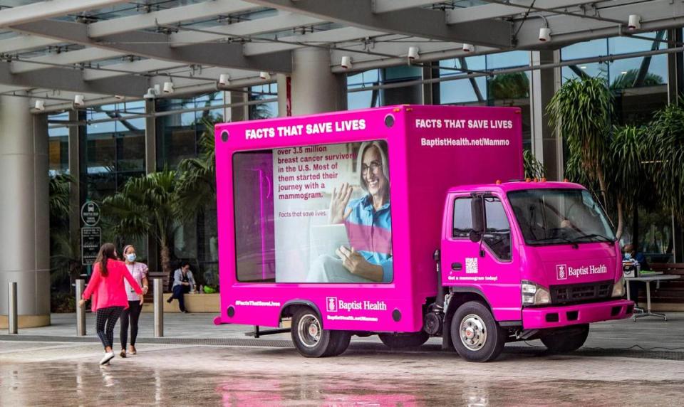 A new pink truck is seen at Baptist Health’s Miami Cancer Institute in Kendall to kick off Breast Cancer Awareness Month on Oct. 1, 2021. The pink truck is making stops around South Florida throughout October.