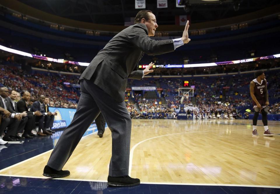 Wichita State head coach Gregg Marshall is seen on the sidelines during the first half of an NCAA college basketball game against the Missouri State in the semifinals of the Missouri Valley Conference men's tournament, Saturday, March 4, 2017, in St. Louis. (AP Photo/Jeff Roberson)