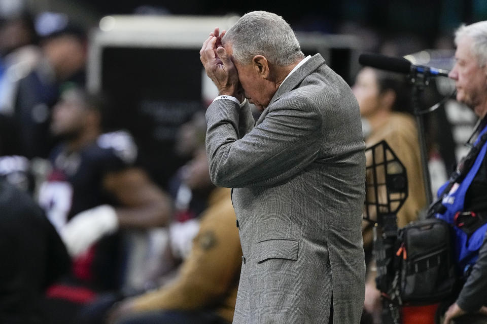 Atlanta Falcons owner Arthur Blank holds his head in his hands while watching from the sideline during the second half of an NFL football game against the Minnesota Vikings, Sunday, Nov. 5, 2023, in Atlanta. (AP Photo/John Bazemore)