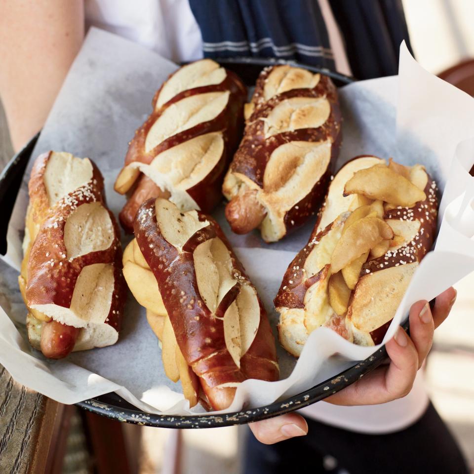 Hot Dogs with Cheddar and Sautéed Apples