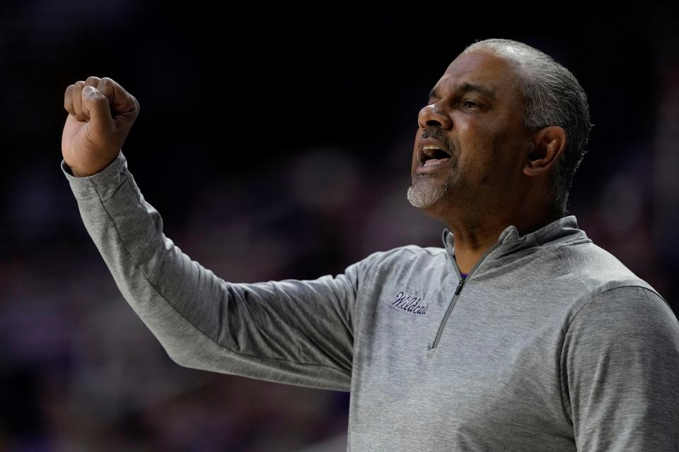 Kansas State coach Jerome Tang motions to his players during Monday night's game against West Virginia at Bramlage Coliseum.