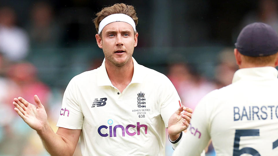 Pictured here, England quick Stuart Broad gestures to a teammate in the fourth Ashes Test at the SCG.