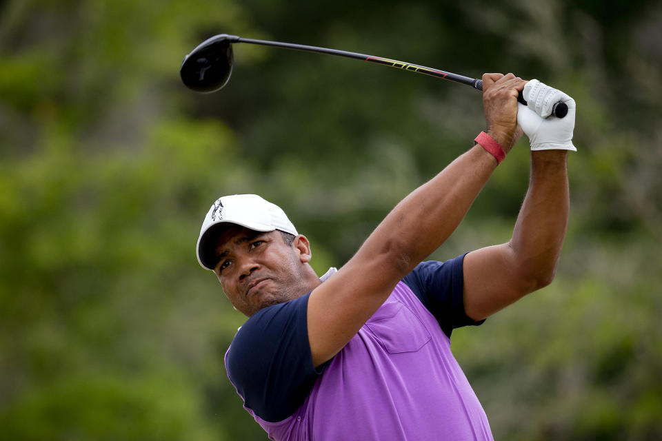 Jhonattan Vegas, of Venezuela, hits off the third tee during the final round of the Palmetto Championship golf tournament in Ridgeland, S.C., Sunday, June 13, 2021. (AP Photo/Stephen B. Morton)