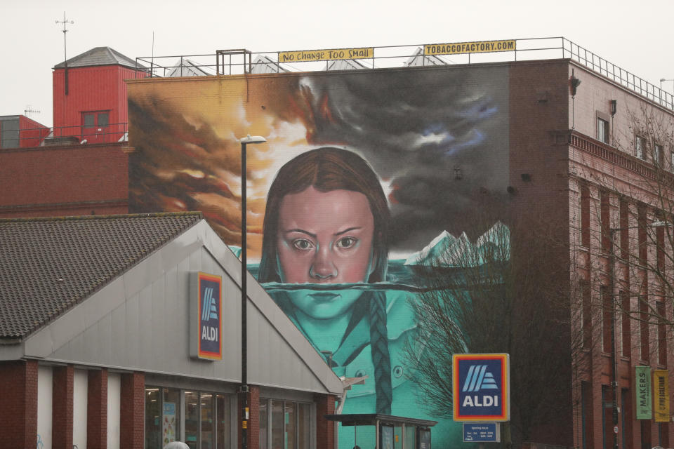 The mural of environmental activist Greta Thunberg painted on a wall of the Tobacco Factory near Ashton Gate in Bristol. PA Photo. Picture date: Friday February 28, 2020. Photo credit should read: Andrew Matthews/PA Wire